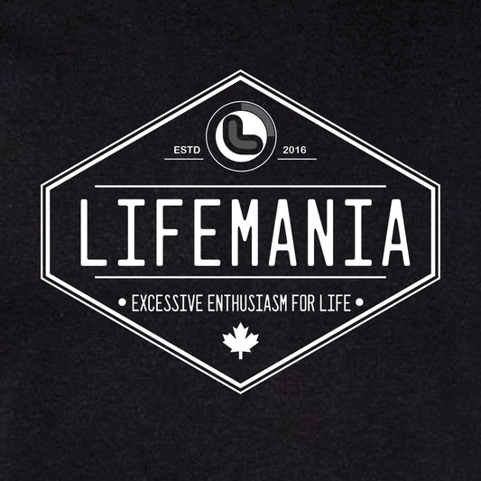 A black crew neck t-shirt with the 'Lifemania' diamond logo printed in the center.