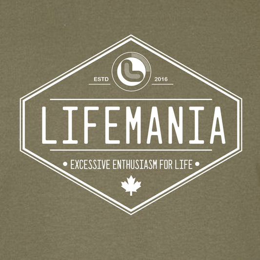 A green t-shirt with the white 'Lifemania' diamond logo printed in the center.