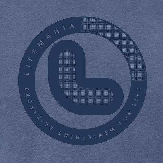 A blue t-shirt with the Lifemania logo printed in the center in a contrasting blue.