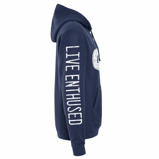 Navy blue hoodie with 'Live Enthused' text on a white background