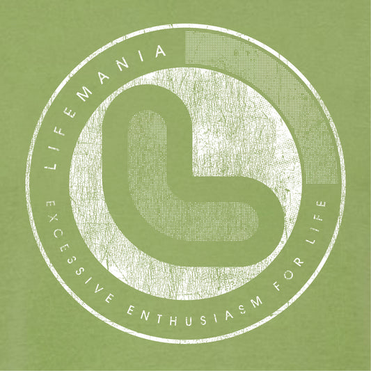 A lime green t-shirt with a distressed white Lifemania front logo