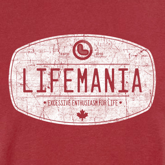 A crimson red crew neck t-shirt with the distressed Lifemania oval logo printed in the center.