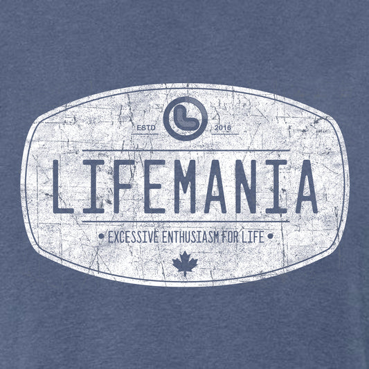 A white Lifemania vintage distressed oval design on a blue t-shirt.