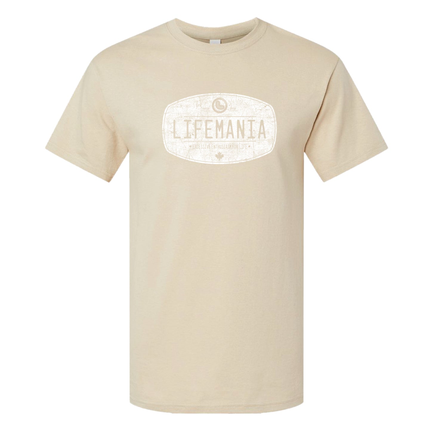 A beige t-shirt with the white distressed oval 'Lifemania' logo on the front.