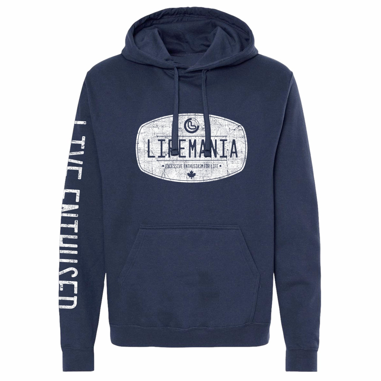 Navy blue hoodie with 'Lifemania' logo and text on a white background