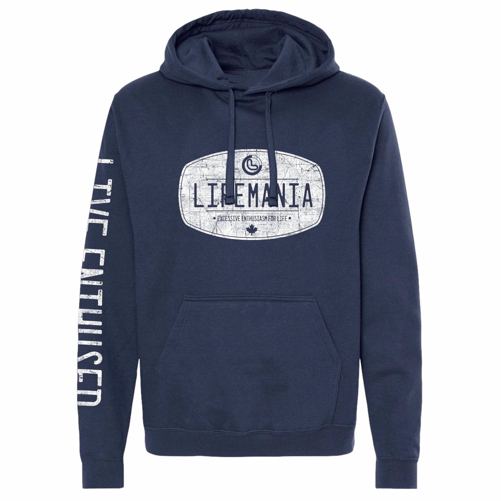 Navy blue hoodie with 'Lifemania' logo and text on a white background