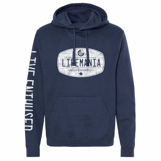 Navy blue hoodie with 'Lifemania' logo and text on a white background
