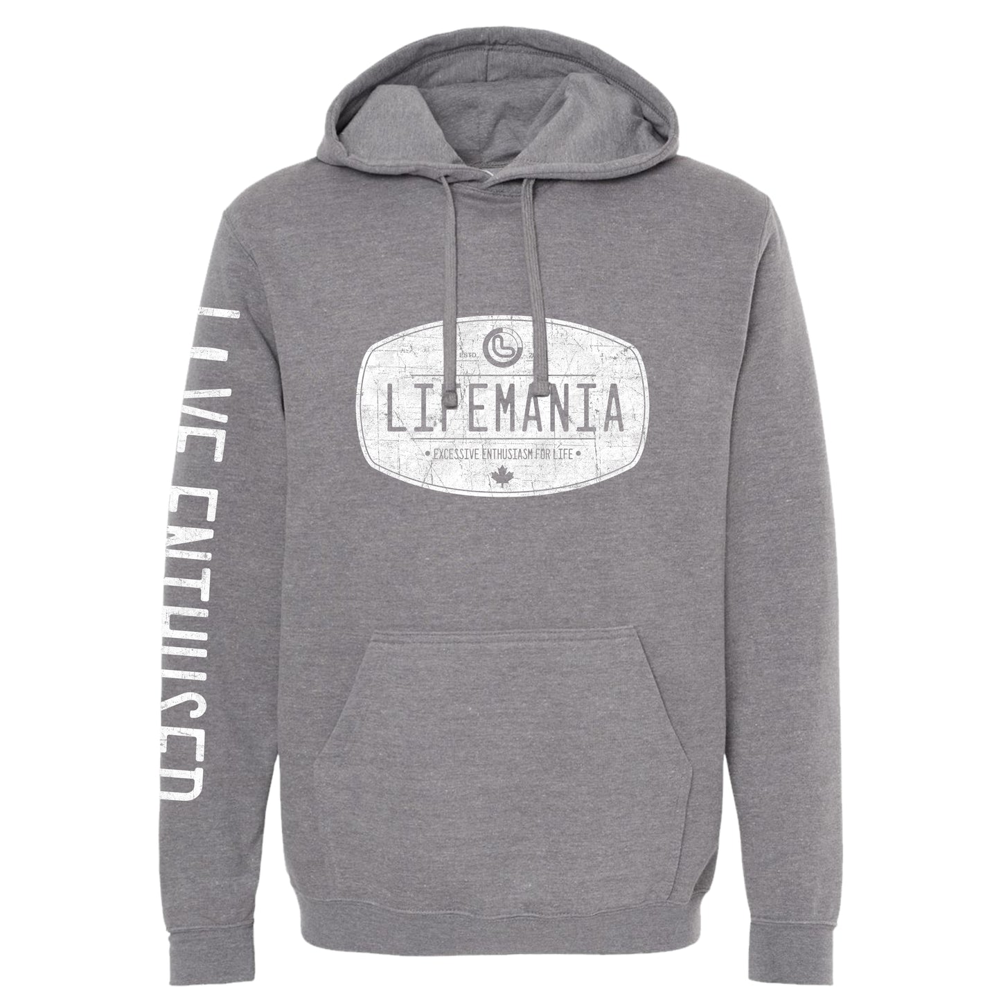 Gray hoodie with 'Lifemania' logo and text on a white background