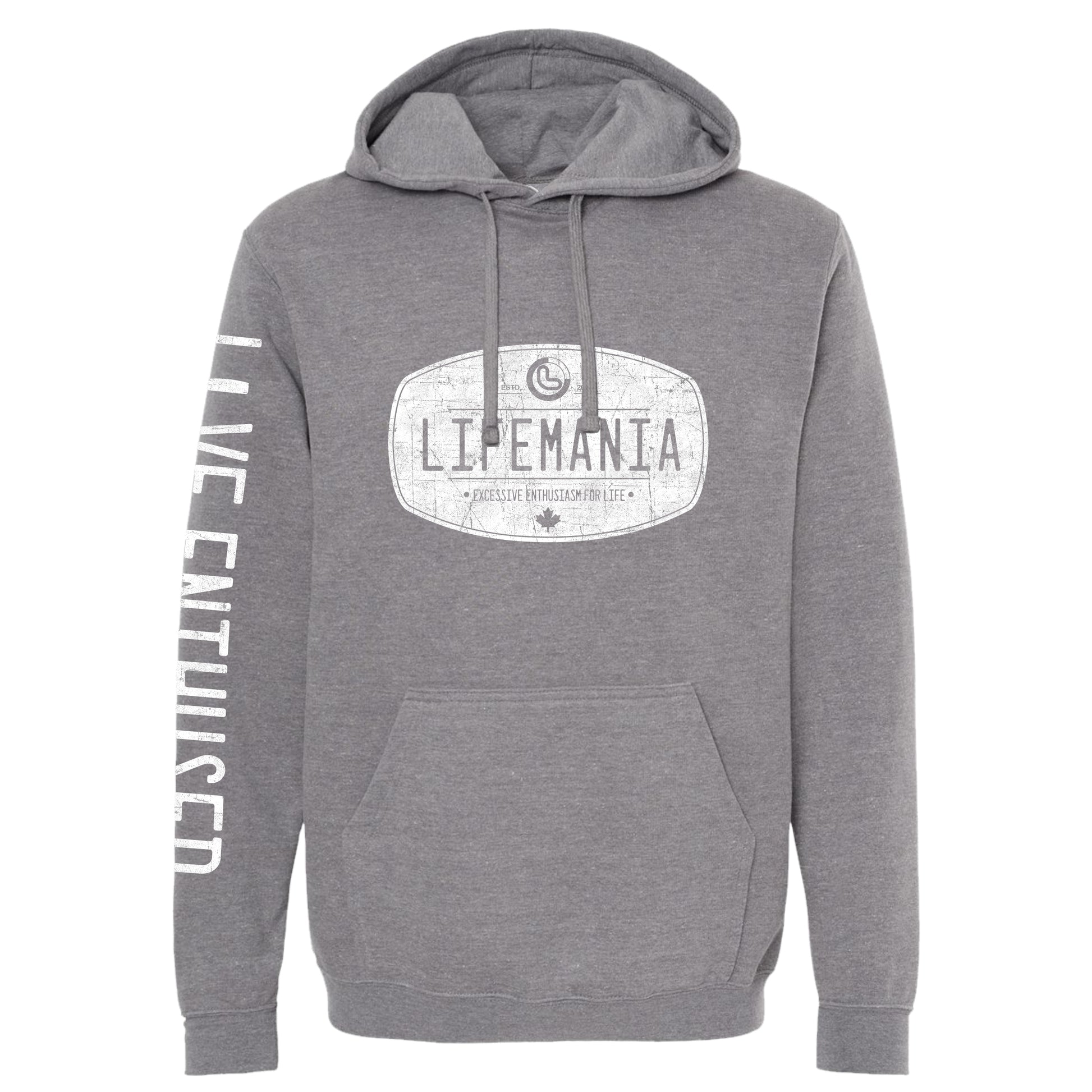 Gray hoodie with 'Lifemania' logo and text on a white background