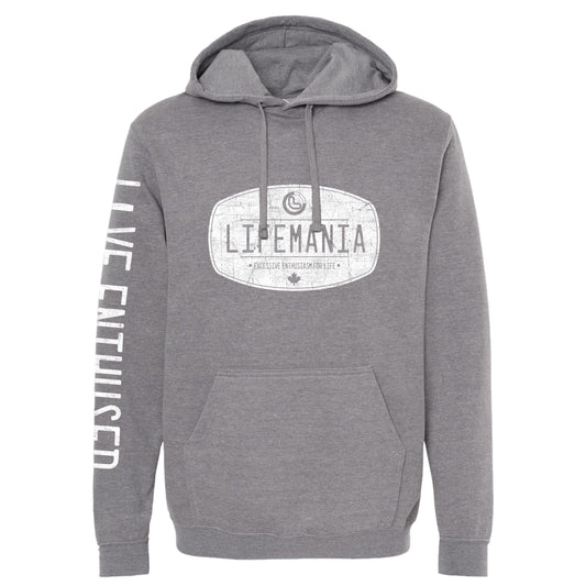 Gray hoodie with 'Lifemania' logo and text on a white background