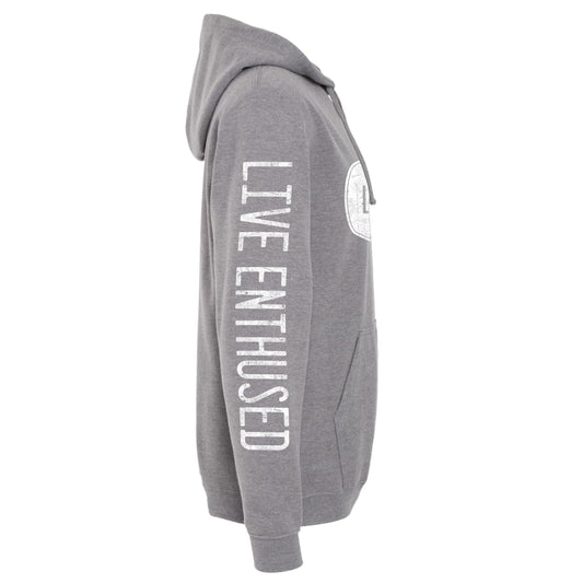Gray hoodie with 'Live Enthused' text on a white background