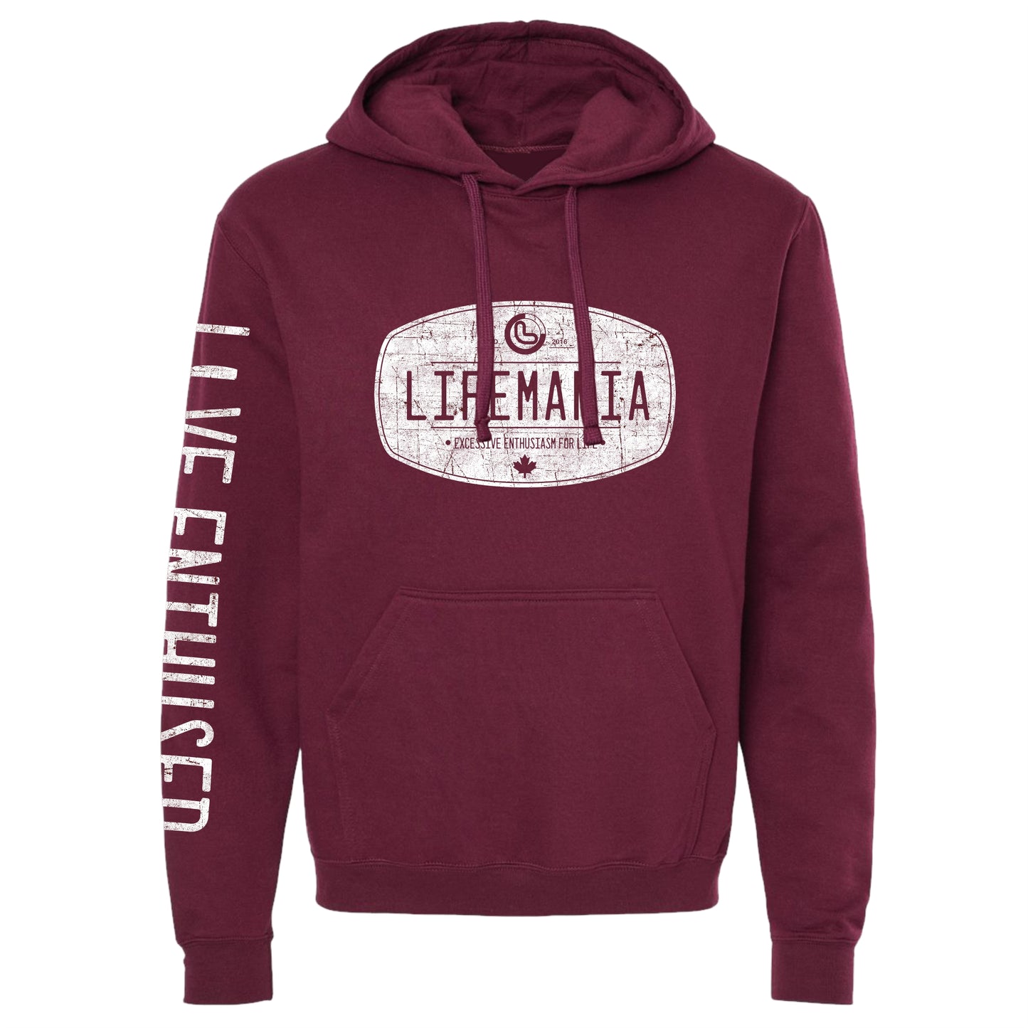 Maroon hoodie with 'Lifemania' logo and text on a white background