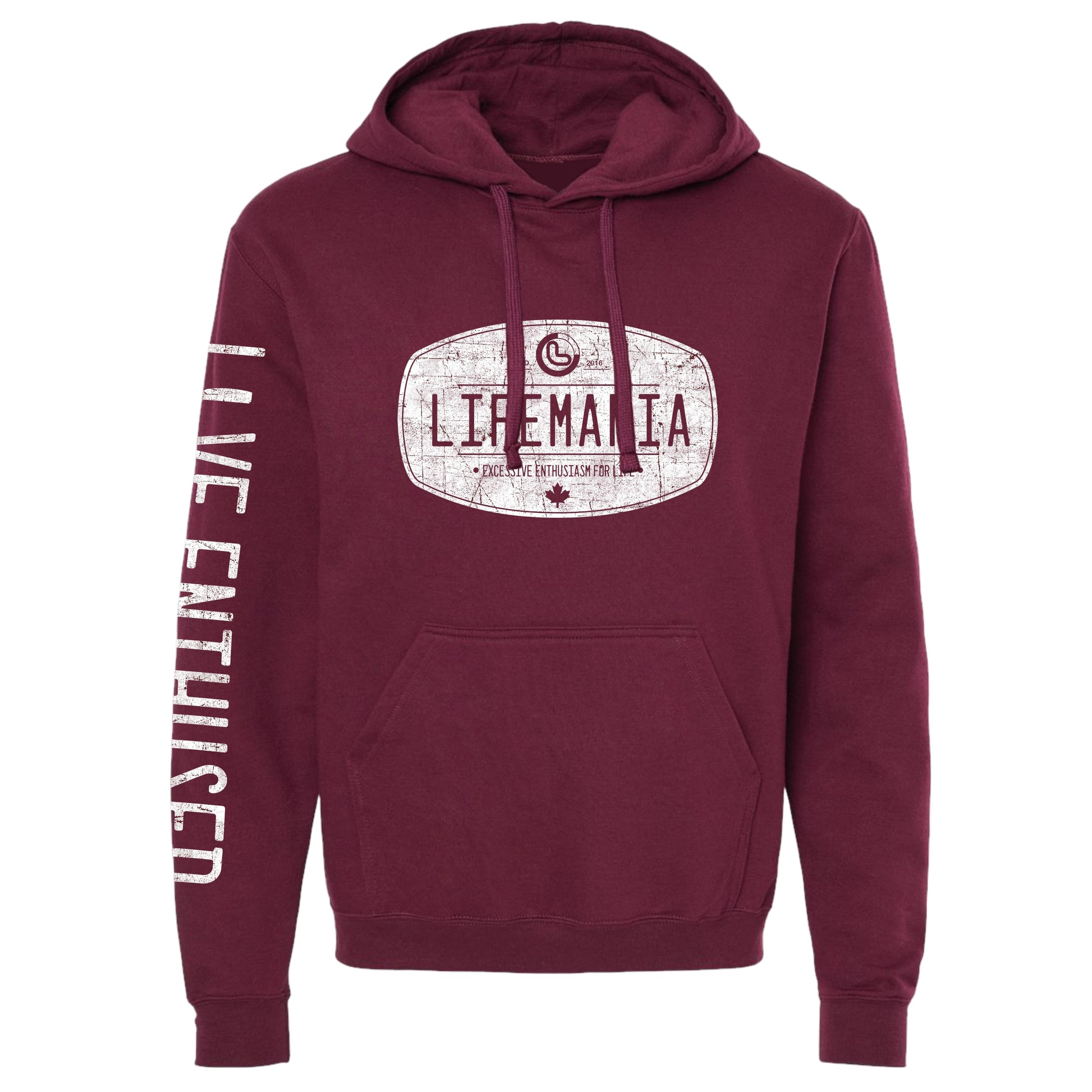 Maroon hoodie with 'Lifemania' logo and text on a white background
