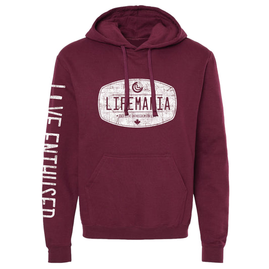 Maroon hoodie with 'Lifemania' logo and text on a white background