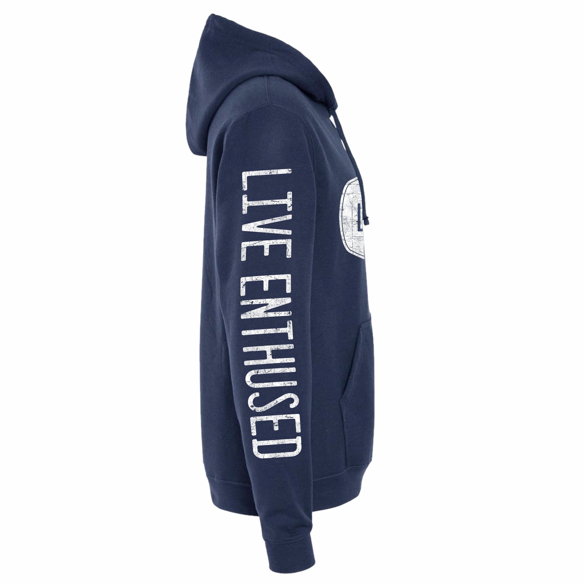 Navy blue hoodie with 'Live Enthused' text on a white background