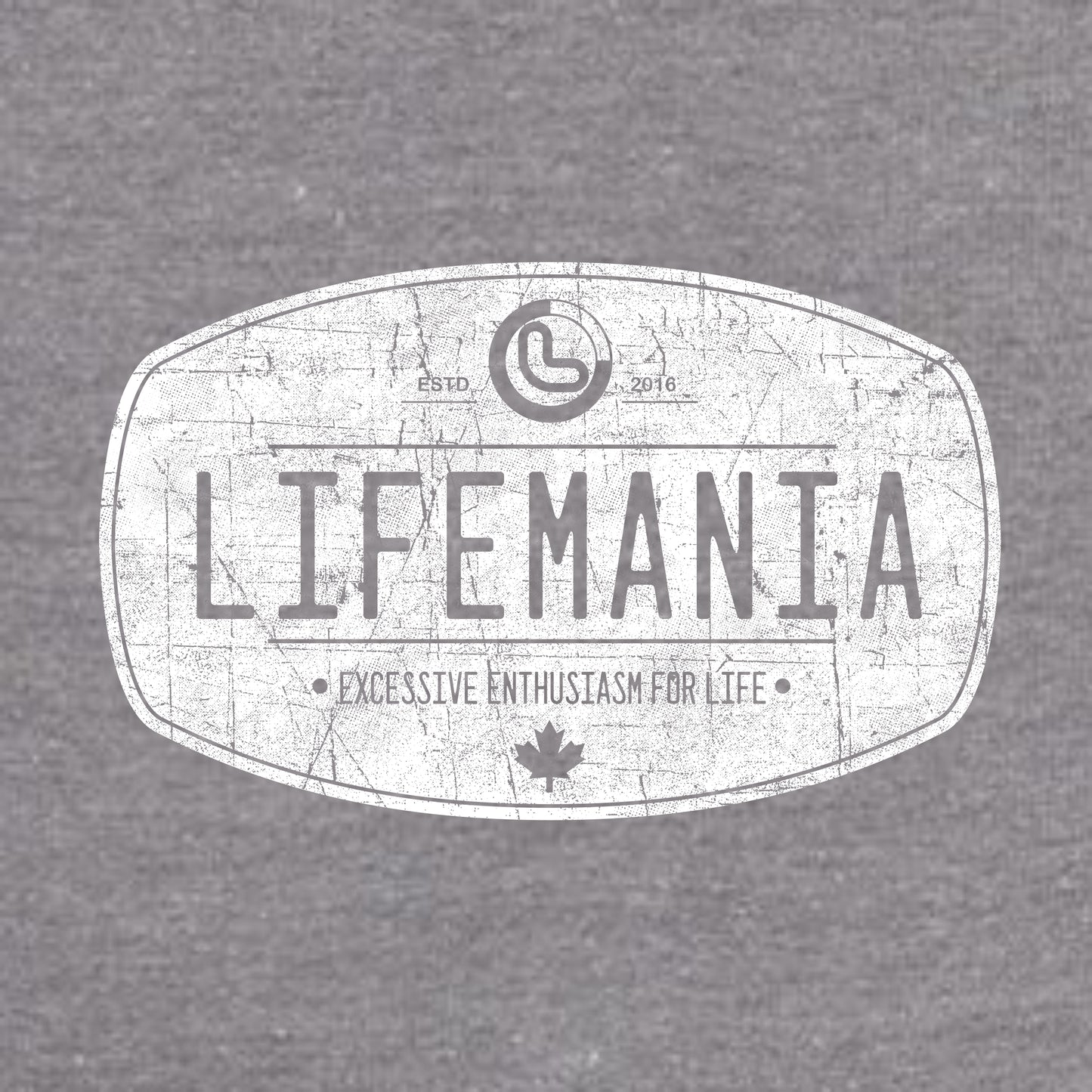 Gray t-shirt with 'LIFEMANIA' logo and text on a gray background