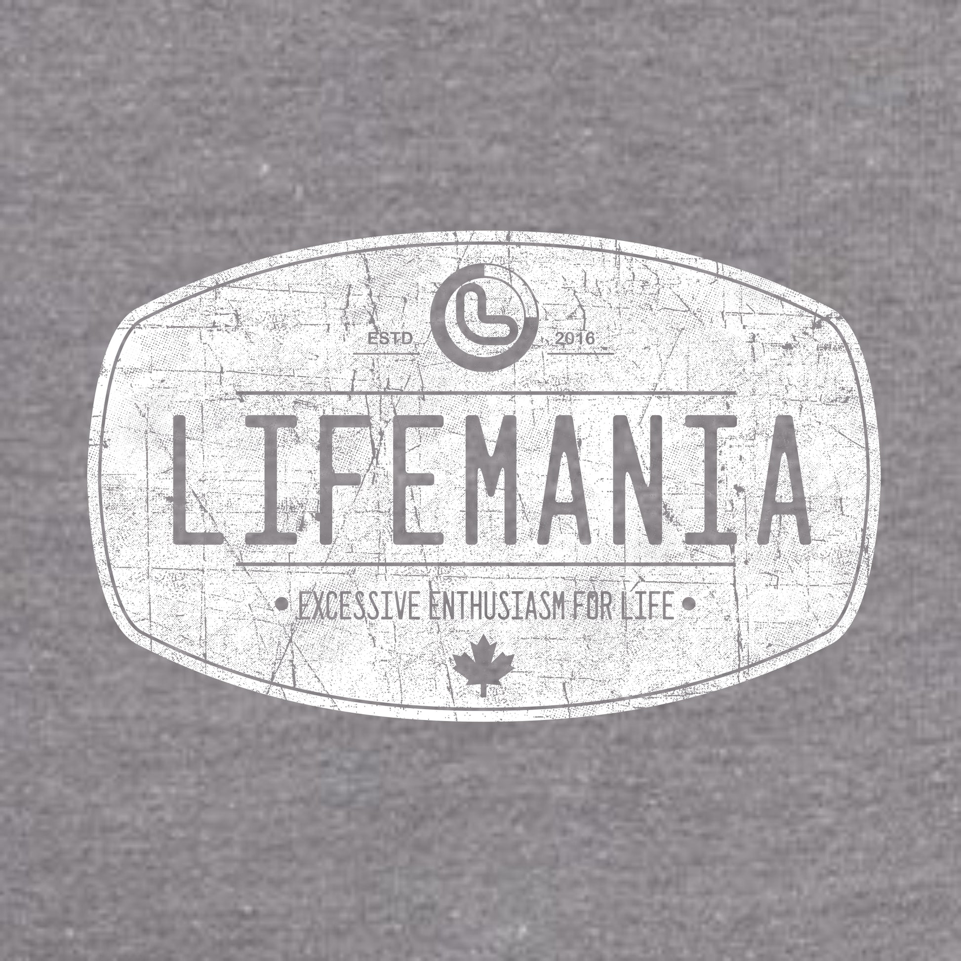 Gray t-shirt with 'LIFEMANIA' logo and text on a gray background