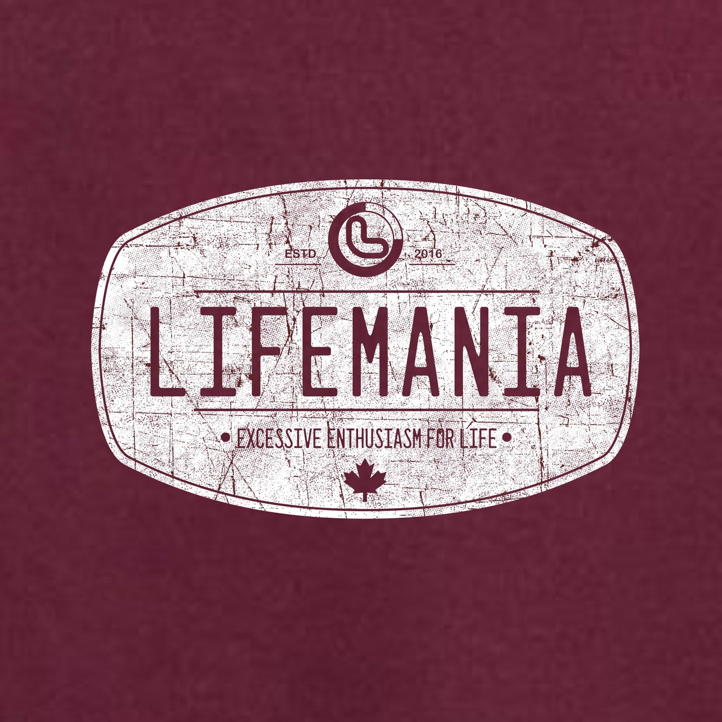 Logo with 'LIFEMANIA' text and a maple leaf on a maroon background
