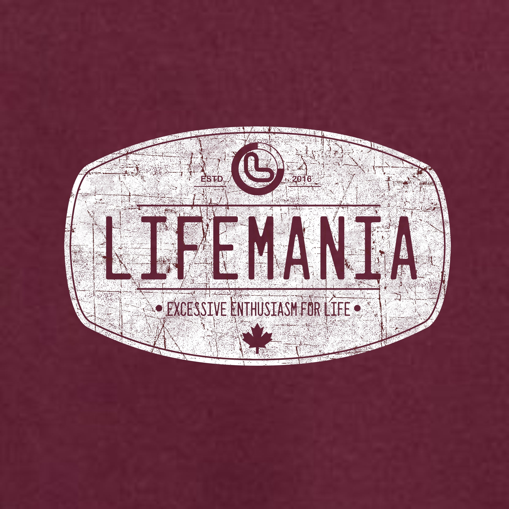 Logo with 'LIFEMANIA' text and a maple leaf on a maroon background
