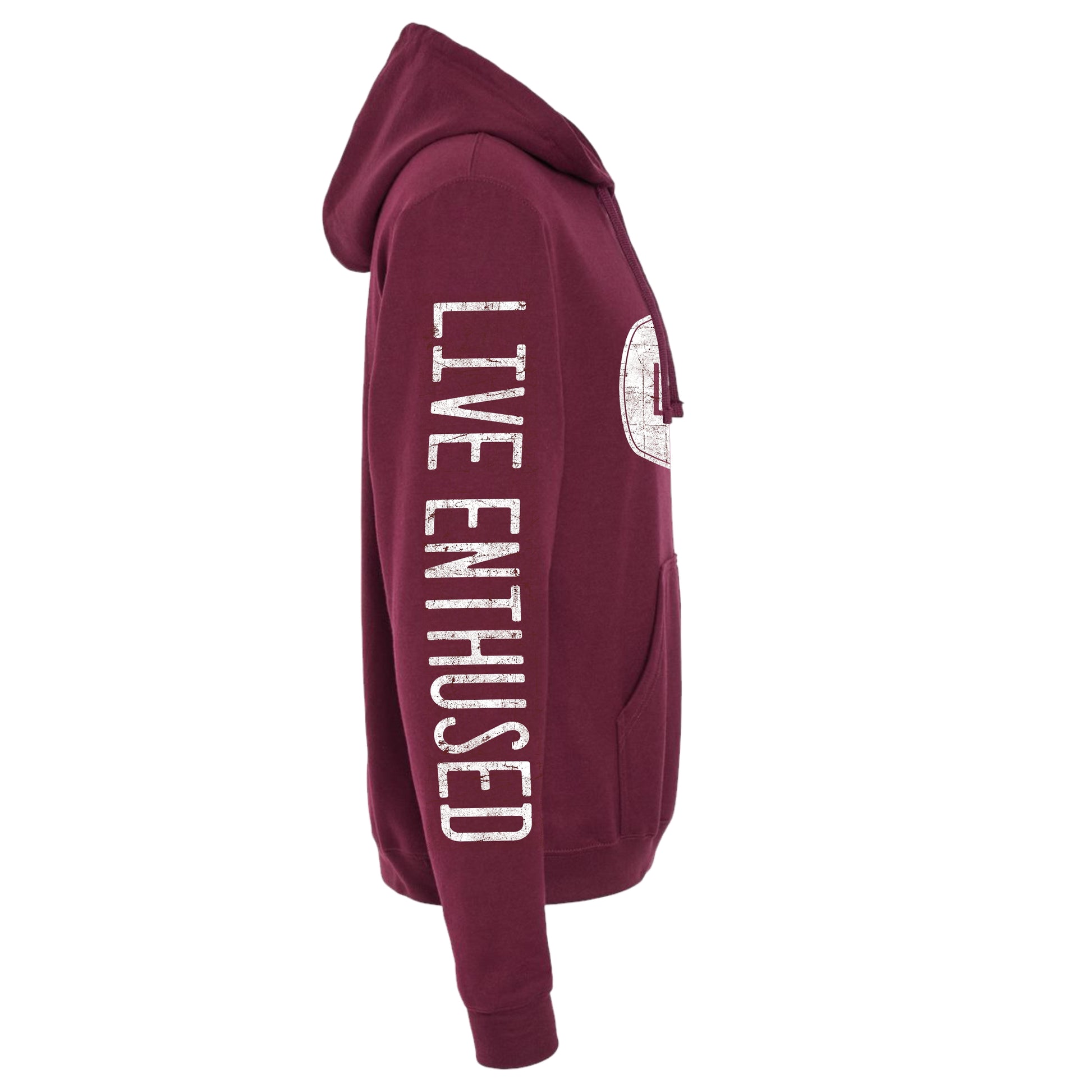 Maroon hoodie with 'Live Enthused' text on a white background