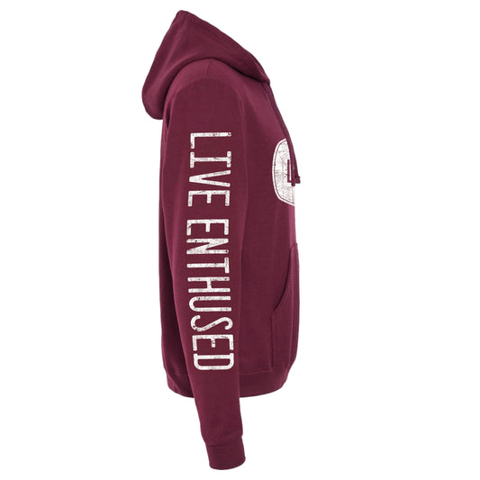 Maroon hoodie with 'Live Enthused' text on a white background
