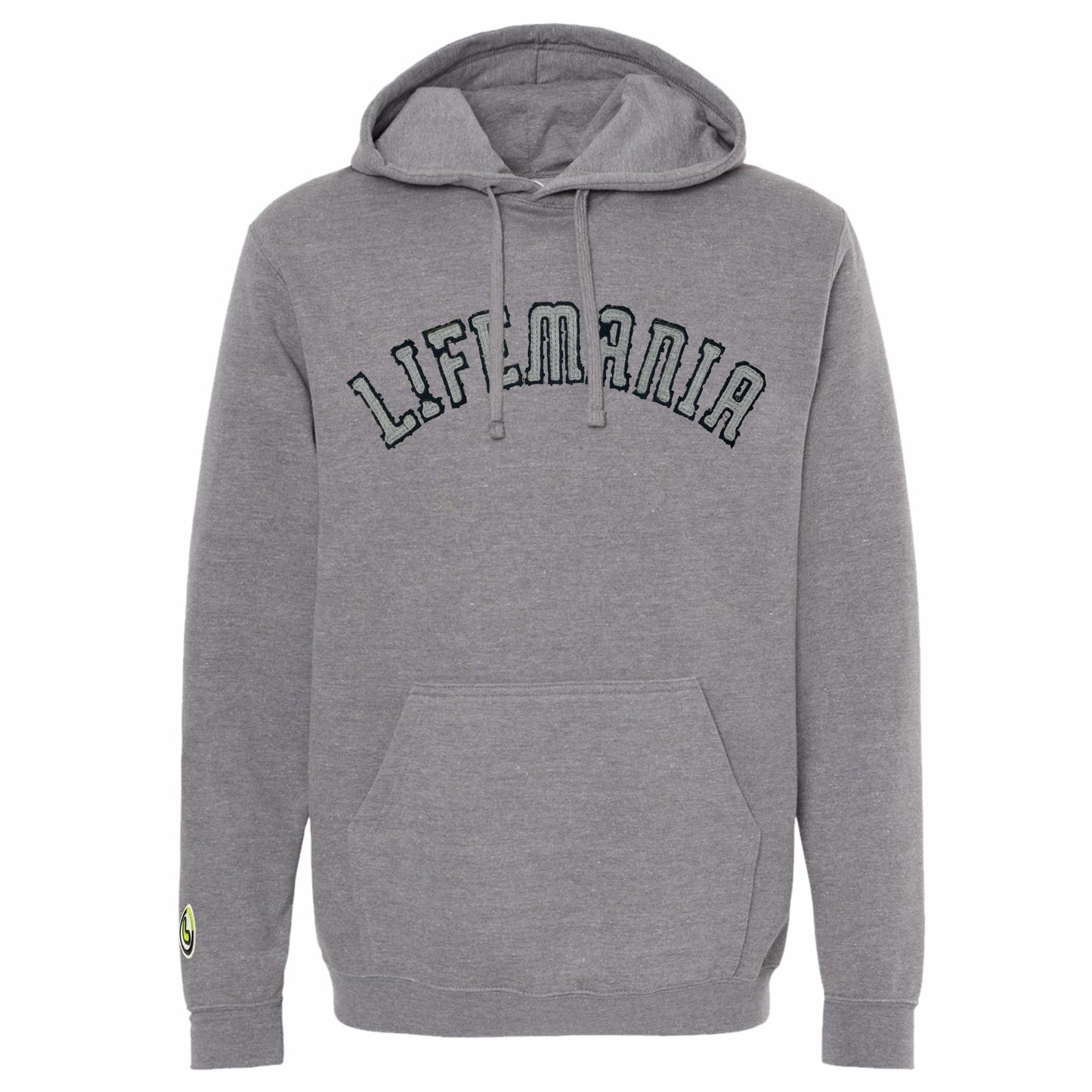 A gray hooded sweatshirt with the Lifemania embroidered crest on the sleeve cuff.
