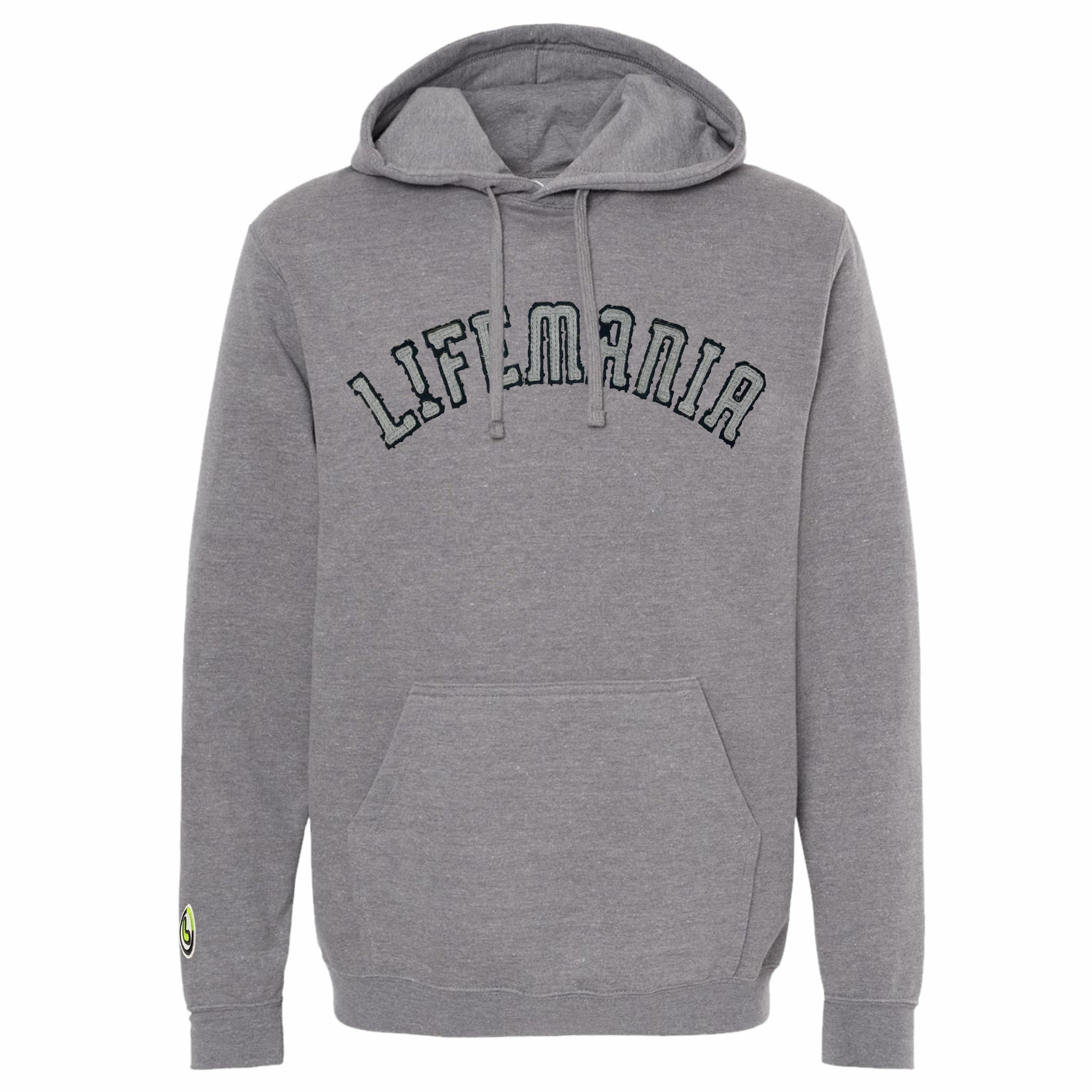 A gray hooded sweatshirt with the Lifemania embroidered crest on the sleeve cuff.