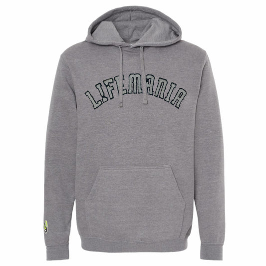 A gray hooded sweatshirt with the Lifemania embroidered crest on the sleeve cuff.