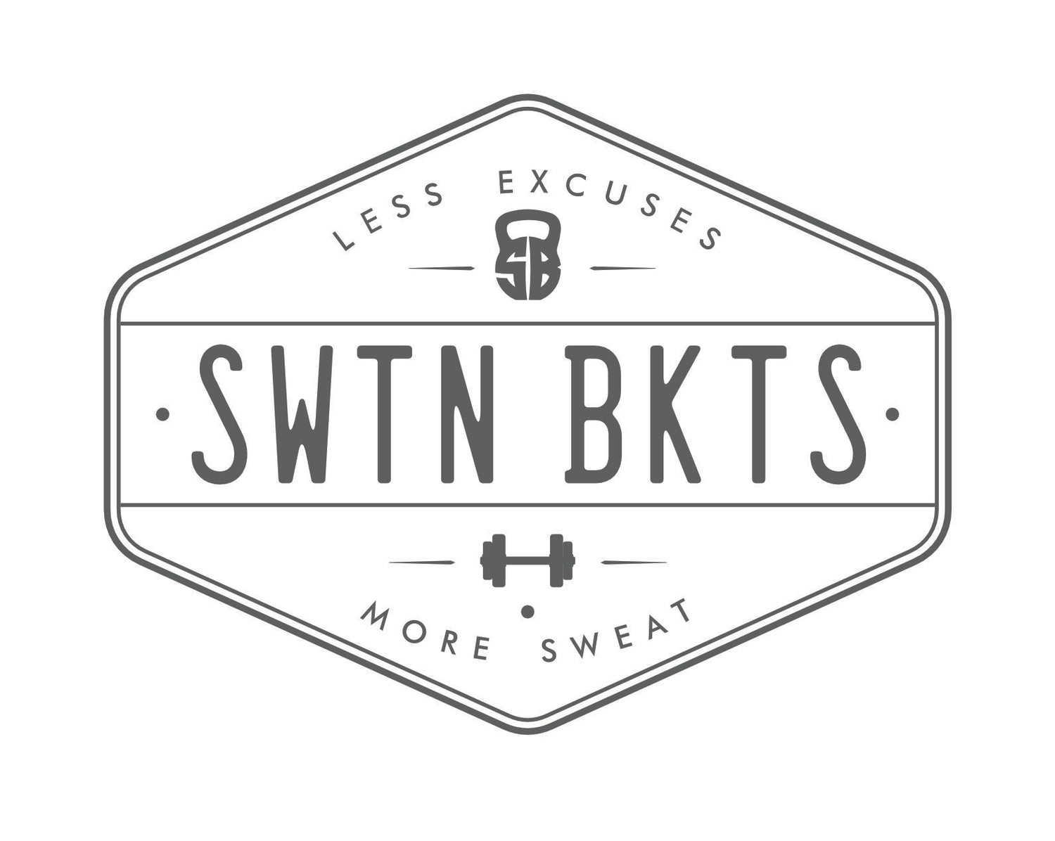 The six sided diamond shaped logo includes the larger brand name SWTN BKTS across the center. Smaller arched lettering LESS EXCUSES above the small SB kettlebell logo.  Smaller lettering MORE SWEAT arched below a dumbbell design.